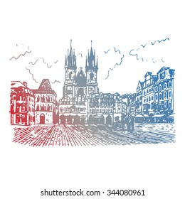 Old Town Square in Prague, Czech Republic. Vector hand drawn sketch.