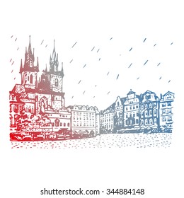 Old town square in Prague, Czech Republic. Church of Our Lady before Tyn and monument of Jan Hus. Vector hand drawn sketch.
