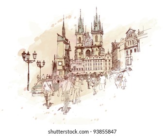 Old Town Square, Prague, Czech Republic - a vector sketch