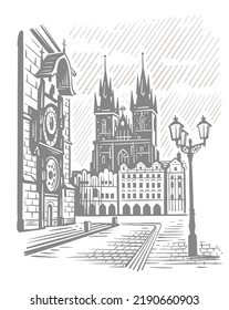 Old Town Square in Prague, drawing Czech.