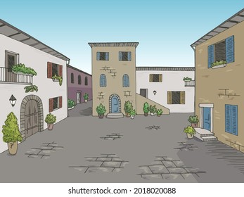 Old town square street graphic color town landscape sketch illustration vector