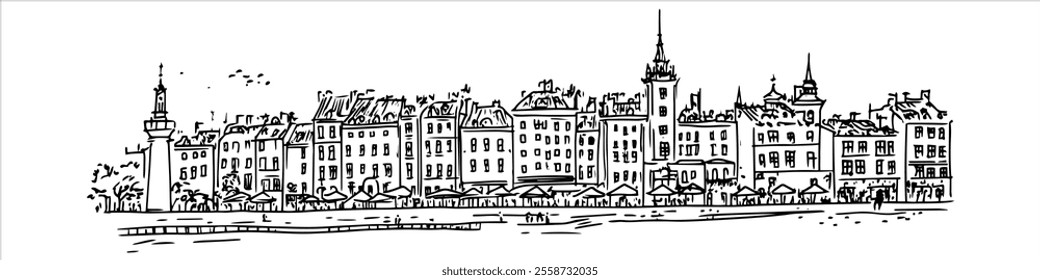 Old Town Square in Warsaw hand drawing doodle hatching vector sketch