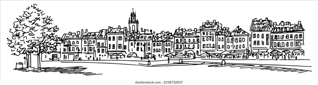 Old Town Square in Warsaw hand drawing doodle hatching vector sketch