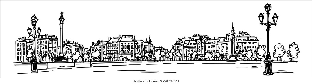 Old Town Square in Warsaw hand drawing doodle hatching vector sketch