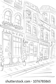 Old town, street with old buildings, cafes. Black and white drawing.