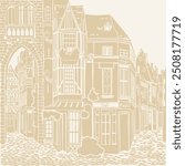 Old town. Street cafe. Old city view. European cityscape: house, building, Street cafe. Old houses on white background.  antique medieval treasure parchment.  Vector Illustration