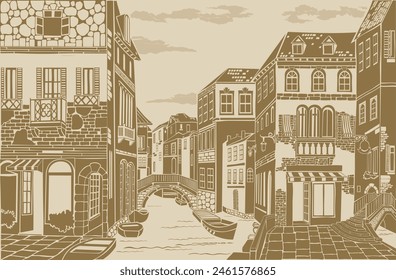 Old town. Street cafe. Old city view. European cityscape: house, building, Street cafe. Old houses on white background.  antique medieval treasure parchment. Vector Illustration