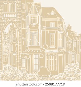 Old town. Street cafe. Old city view. European cityscape: house, building, Street cafe. Old houses on white background.  antique medieval treasure parchment.  Vector Illustration