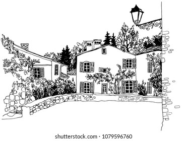 Old town street in hand drawn line sketch style. Vector illustration. Small European city. Black and white urban landscape on white background