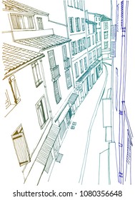 Old town street in hand drawn line sketch style. Vector illustration. Small European city. Colorful urban landscape on white background