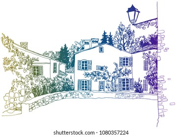 Old town street in hand drawn line sketch style. Vector illustration. Small European city. Colorful urban landscape on white background