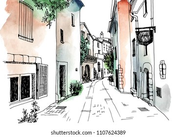 Old town street in hand drawn sketch style. Vector illustration. Small European city. France. Urban landscape on watercolor colorful background