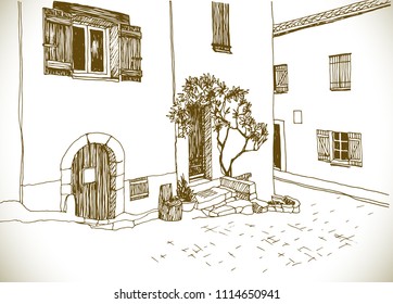 Old town street in hand drawn sketch style. Sepia vector illustration. Small European city. Urban landscape on vintage background