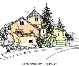 Old town street in hand drawn sketch style. Vector illustration. Small European city. Urban landscape on blob watercolor background