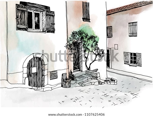 手描きの古い町並みのスケッチスタイル ベクターイラスト ヨーロッパ の小さな都市 フランス 水彩のカラフル背景に都市の風景 のベクター画像素材 ロイヤリティフリー