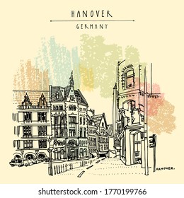 Old town street in Hanover (Hannover), Germany, Europe. Historical buildings. Freehand drawing. Travel sketch. Vintage touristic postcard, poster or book illustration. EPS 10 vector