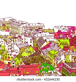 Old town, street, house, roof, road, lane, Europe, London, Paris, Berlin, sketch art, vector illustration, urban landscape