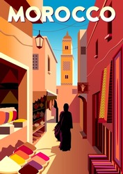 Old Town Street Market In Morocco With Traditional Houses And Mosque In The Background. Handmade Drawing Vector Illustration. Retro Style Poster.
