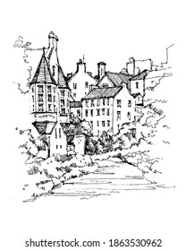 Old town street, olds houses in England, Europe. Freehand drawing. Travel sketch. Sketchy line art drawing with a pen on paper. Hand drawn travel postcard. Hand drawing of England. 