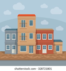 Old town street with retro building facades, front view. City background. Vector detailed illustration.