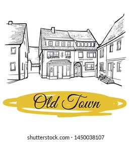 Old town street sketch. European cityscape. Vector illustration of city buildings in hand drawn style. Isolated on white background. Picture for decoration and coloring
