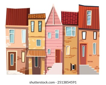 Ilustração da fachada da vista da rua da cidade velha. Bonito acolhedor colorido casas minúsculas com telhado azulejado e janelas altas