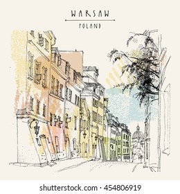 Old town street. Warsaw, Poland, Europe. Historical buildings line art. Travel sketchy drawing. Vintage touristic postcard, poster template. Artistic hand drawn calendar or book illustration in vector