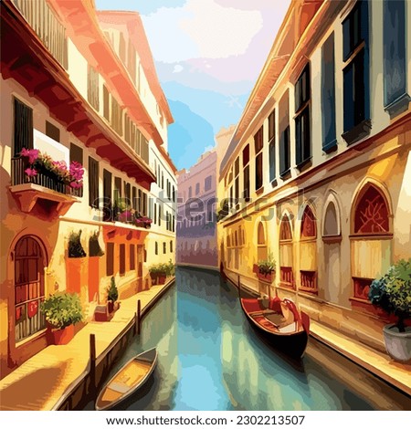Old town street with water channel Stray vinice background, city landscape view, watercolor drawing, Vector illustration