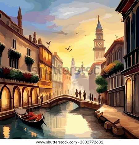 Old town street with water channel Stray vinice background, city landscape view, watercolor drawing, Vector illustration