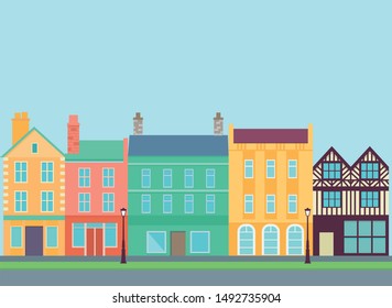 Old town streets in a flat design with lamp post and houses. Vector illustration.