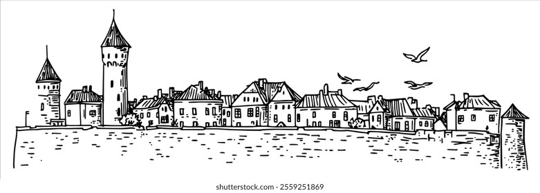 Old Town in Tallinn with towers and city walls ​​panorama hand drawing doodle hatching vector sketch