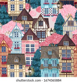 Old town with trees vector seamless pattern