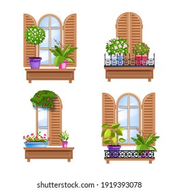 Old town vector window wooden vintage frames collection with shutters, sill, glass, house plants. Architecture street facade elements set with flowerpots, blossom isolated on white. Town window art