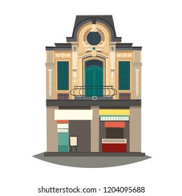 Old town in Vietnam, Hanoi historical srteet. Cartoon style vector illustration. Vietnamese traditional cultural symbols and architecture. Asian typical house, isolated on white background