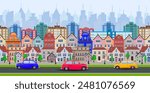 old town village main street a European city. City landscape. Life style. Vector illustration in flat style