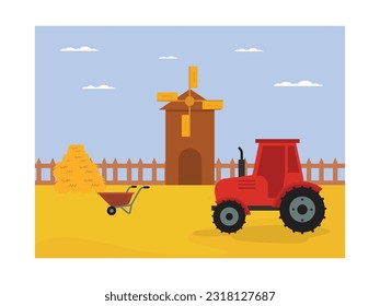 Old town west ranch and vintage farm landscape, with tractor and thatched windmill building.Flat cartoon illustration