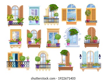 Old town window frame, vintage European balcony set with house plants, wooden shutters, rails, glass. City architecture exterior, facade front view collection. Street closed, opened windows, balconies