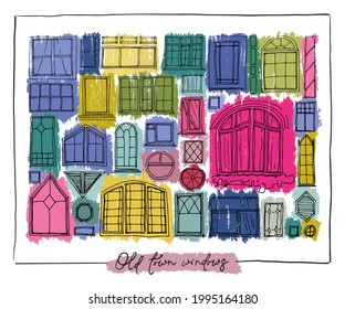 Old town windows. Sketch hand drawn of vintage architecture style. Vector illustration 