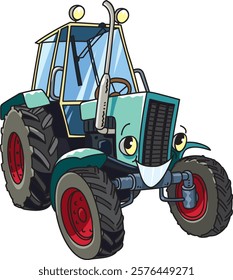 Old tractor coloring book for kids. Small funny retro cute car with eyes and mouth. Children vector illustration