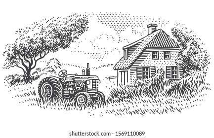 An old tractor near farmhouse in countryside engraving style illustration. Vintage rustic village drawing. Vector. 