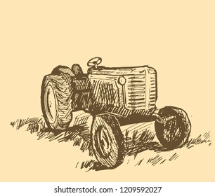 Old tractor with a rural scene in graphic style hand-drawn vector illustration.