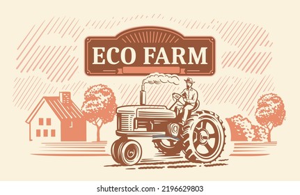 Old tractor with rural scene vector. Farmer driver