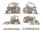 Old tractor set vector. Farmer driver