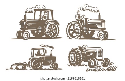 Old tractor set vector. Farmer driver