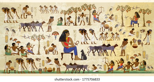 Old tradition, religion and culture. Hieroglyphic carvings on exterior walls of an old temple. Life of egyptians. History art. Ancient Egypt frescoes. Agriculture, fishery, farm 