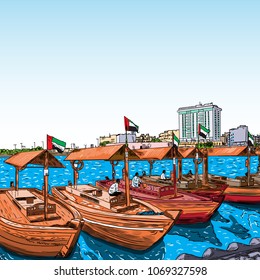 Old traditional boats on the Bay Creek in Dubai, United Arab Emirates, UAE. Hand drawn sketch. Piers of traditional water taxi in Deira area. Famous tourist destination. Vector.