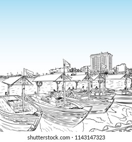 Old traditional boats on the Bay Creek in Dubai, United Arab Emirates, UAE. Hand drawn sketch. Piers of traditional water taxi in Deira area. Famous tourist destination. Vector.