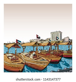 Old traditional boats on the Bay Creek in Dubai, United Arab Emirates, UAE. Hand drawn sketch. Piers of traditional water taxi in Deira area. Famous tourist destination. Vector.