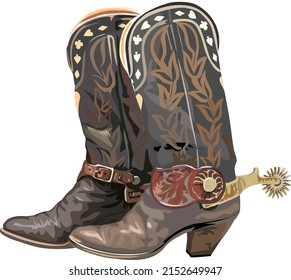Old traditional brown leather cowboy boots with spurs. Wild west realistic hand drawn vector illustration.