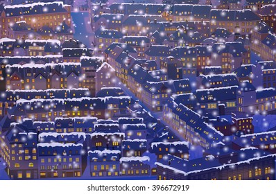 Old traditional Europe city winter background at night